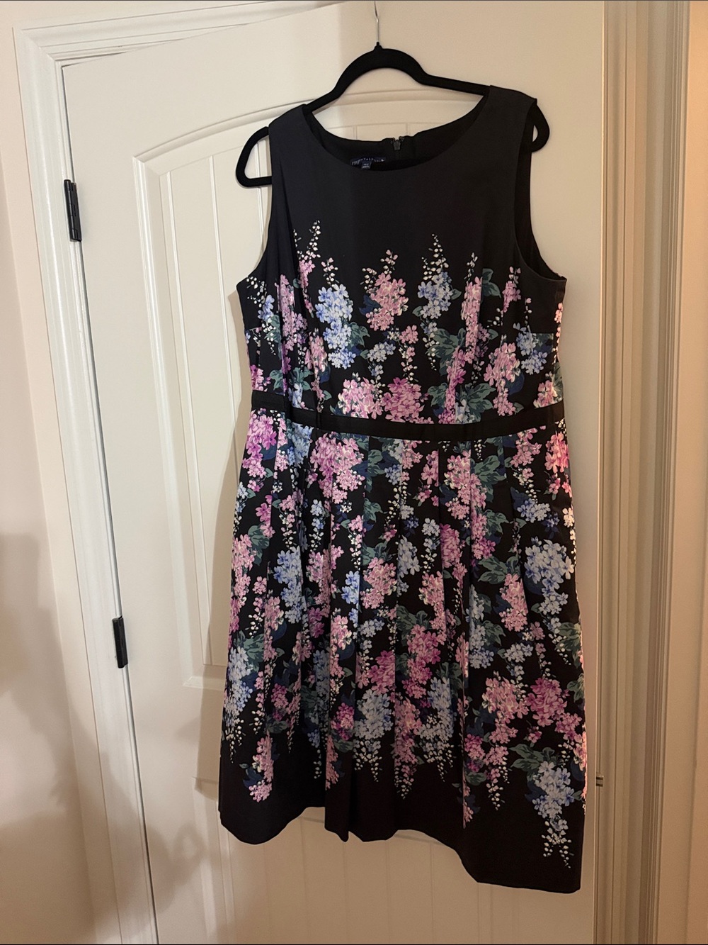 Talbots Black Midi Dress with Pink & Blue Floral Pattern